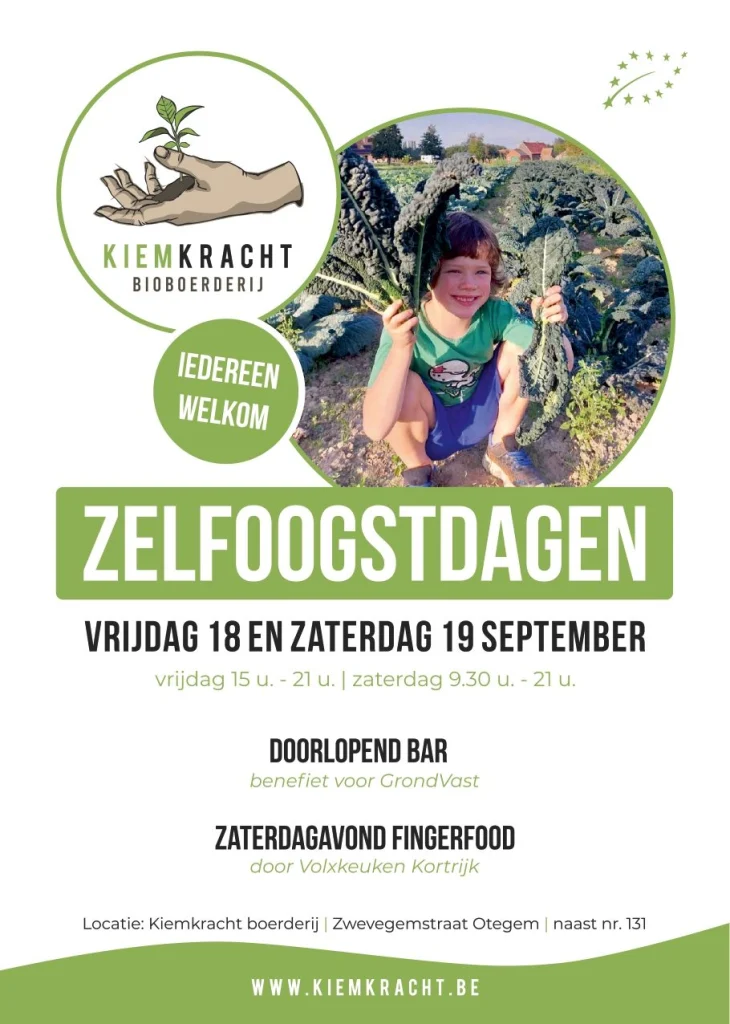 Affiche Zelfoogstdagen: vrijdag 18 en zaterdag 19 september op de boerderij in de Zwevegemstraat in Otegem, met doorlopend bar en zaterdagavond fingerfood
